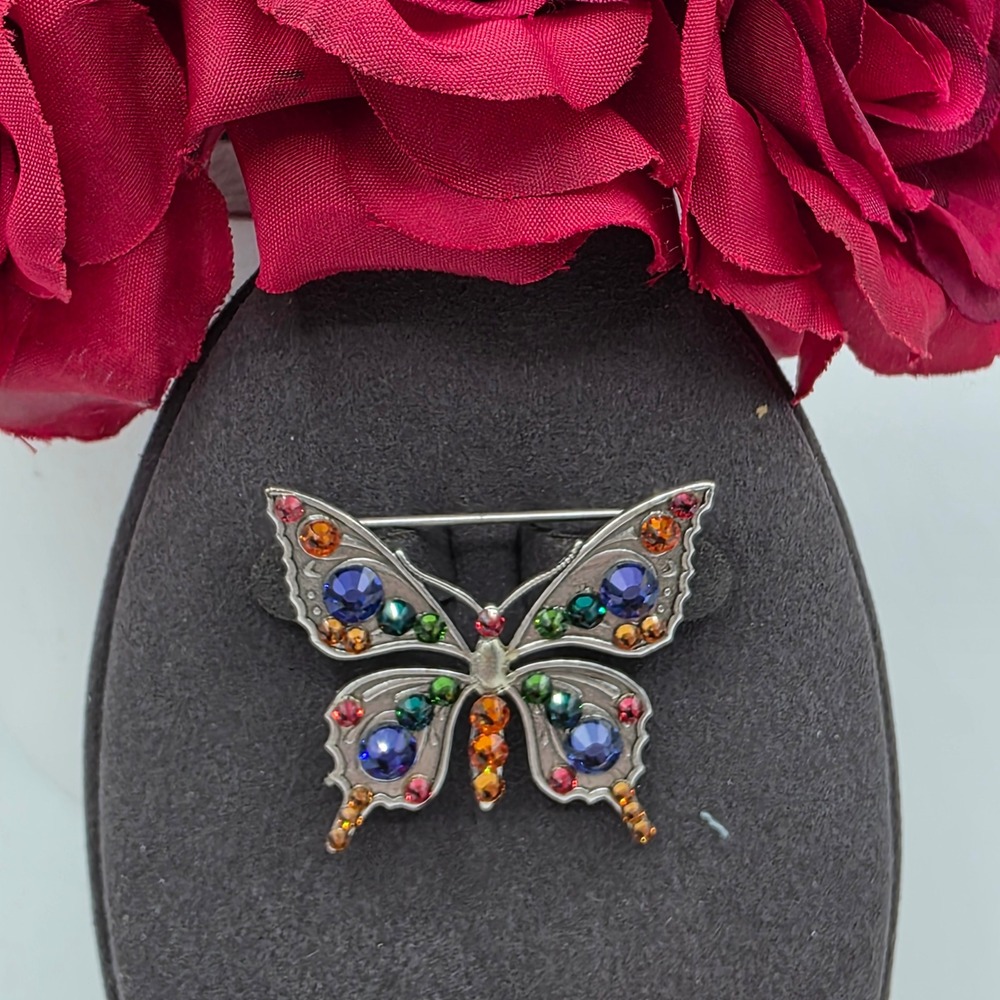 Anne Koplik Designs Silver Tone Multi Color Crystal Butterfly Brooch Pin Glam